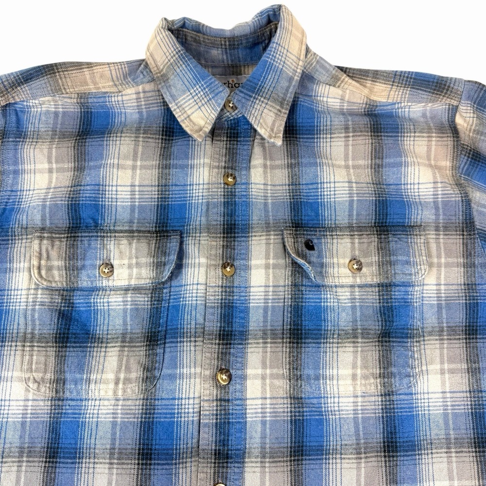 Carhartt Long Sleeve Heavyweight Blue Plaid Flannel Button Up Shirt Med Thrashed